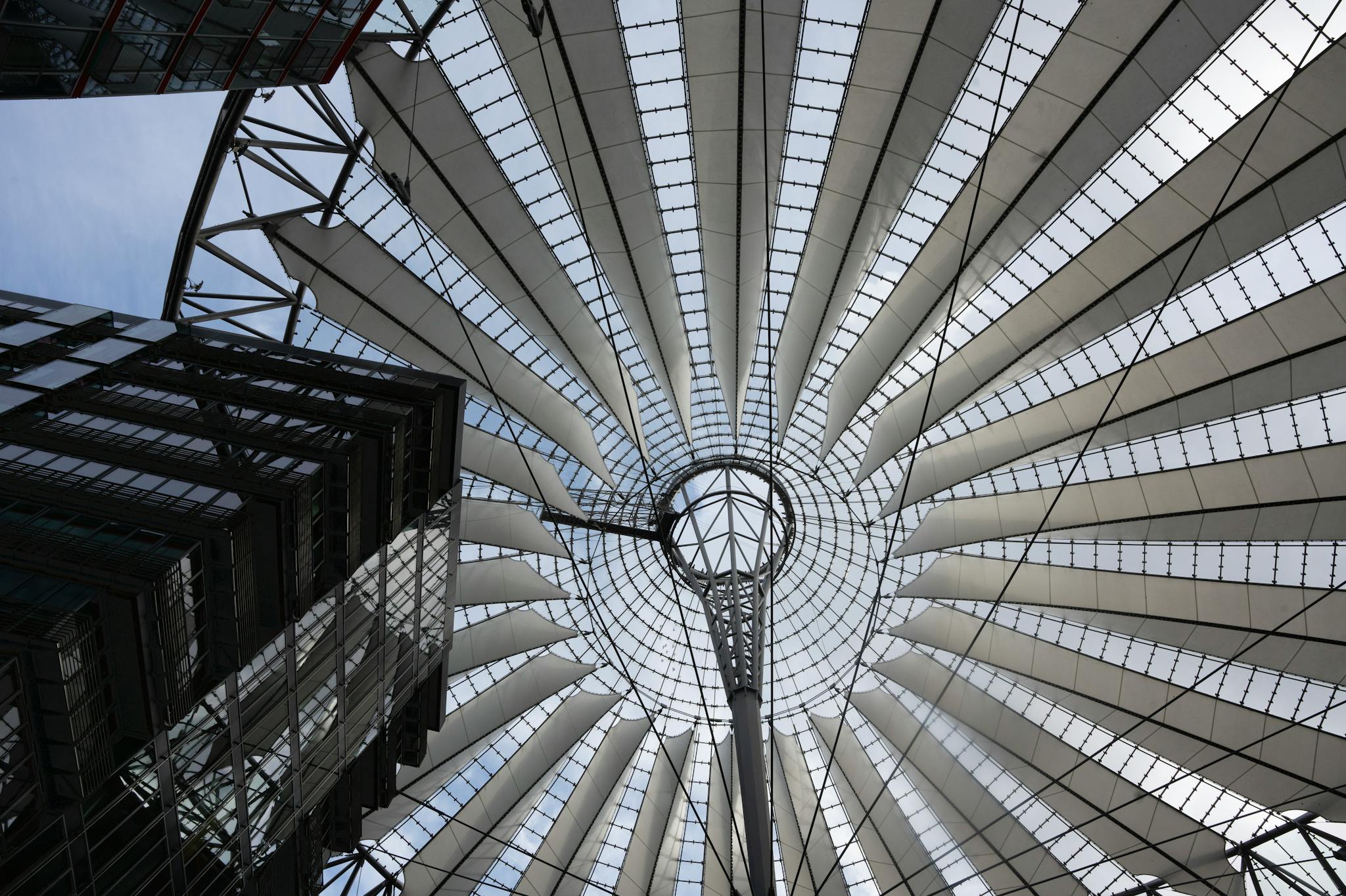 Low angle view of the stunning Sony Center roof in Berlin, showcasing modern architecture.